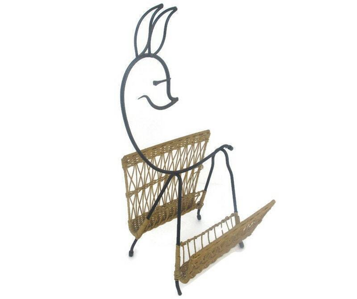 Mid Century Modern Rattan Magazine Newspaper Basket Rack Box Funky With ...