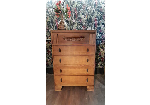 Solid Light Oak Art Deco Tall Chest Of 5 Drawers With Original Handles