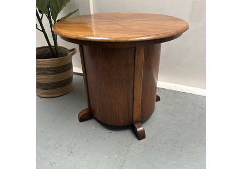 Art Deco Matched Walnut Veneer Barrel Pedestal Coffee Side Table