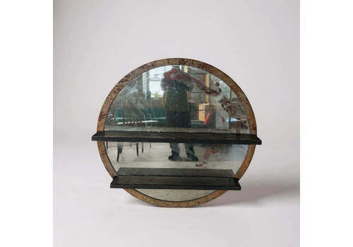 Vintage Shop Display Shelf With Mirrored Back | Rustic Metal & Wood Industrial Decor