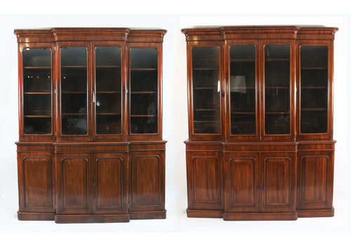 Antique Pair English Flame Mahogany Library Breakfront Bookcases 19th C