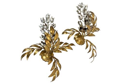 Xl Set Of 2 Golden Florentiner Plant Wall Light Sconces By Hans Kögl, Italy 1980