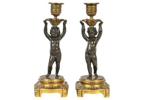 Pair Of Gilt And Patinated Bronze Candlesticks, 19th Century, Louis XVI Style.