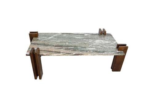 French Marble Top & Walnut Coffee Table Celina Decoracões Style, Circa 1960