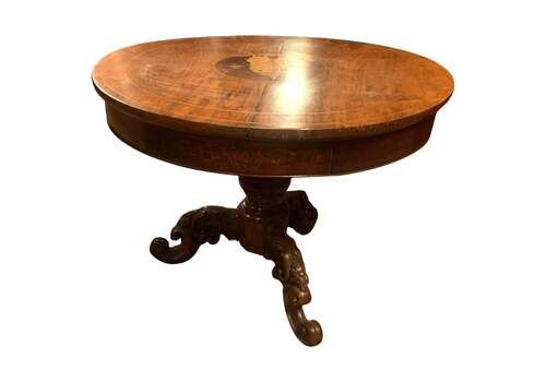 Walnut Living Room Table, Featuring A Round Top With Central Inlay, Italy