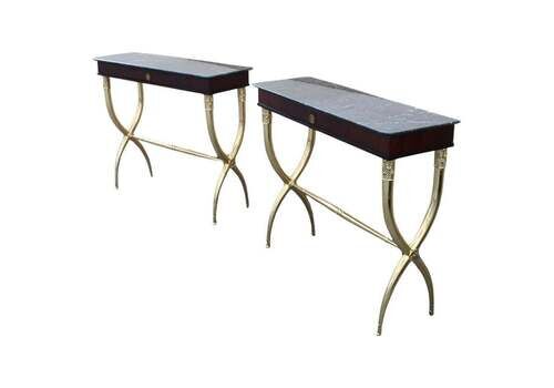 Pair Ecclectic Consoles 1950s Italy Paolo Buffa Design Marble Black Brass