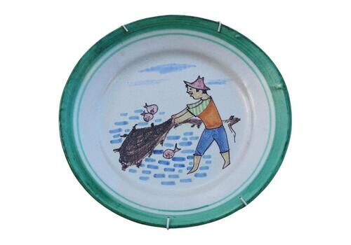 Round Plate Vietri C.A.S. 1950 With Fisherman Figures Made In Italy