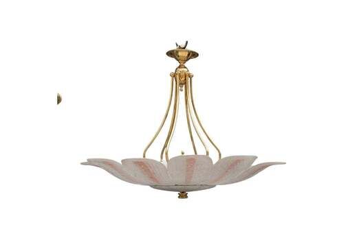 Round Flower Chandelier Murano Glass Pink Italian Design 1970 Brass Gold