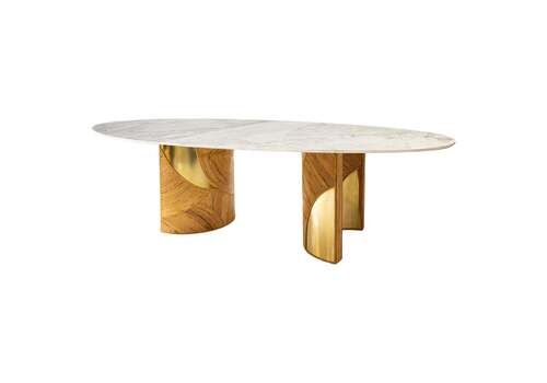 French Oval Dining Table With Carrara Marble Top And Bamboo Brass Bases