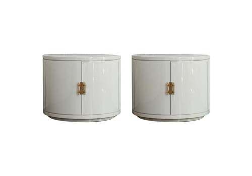 Pair Of Ivory Lacquered Half Moon Sideboards With Brass Details, 1930s.