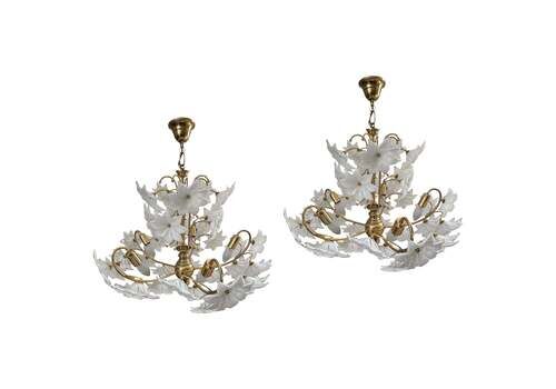 Daisies In The Sky, Pair Of Magnificent Murano White Flowers Chandelier, 1980