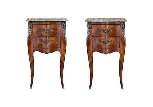 Pair Antique French Louis XV Marquetry Marble Top Nightstands With Two Drawers