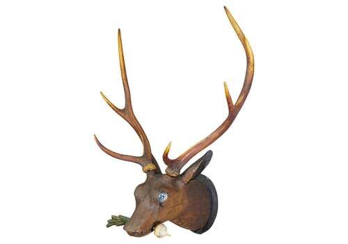 Large Antique Wooden Carved Black Forest Baroque Stag Head With 10 Point Trophy