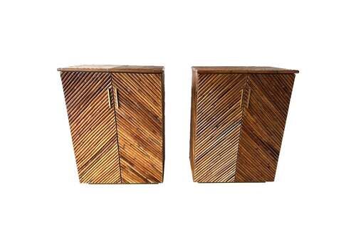 Mid Century Modern Pair Of Rattan Malacca Brass Cupboards Cabinets. Italy, 1980s