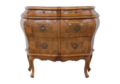 Italian Olive Wood Bombe Chest Of Drawers Rococo Style, 1950s.