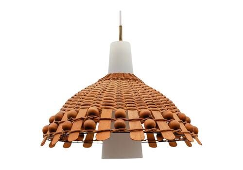 Mid Century Modern Pendant Light In Rattan And Opaline Glass And Copper , 1960s