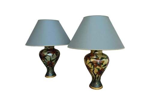 Pair Of Hand Painted Floral Glass Table Lamps – Italy, Circa 1980