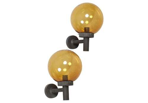 A Pair Of Outdoor Metal Wall Lamps With Glass Shades
