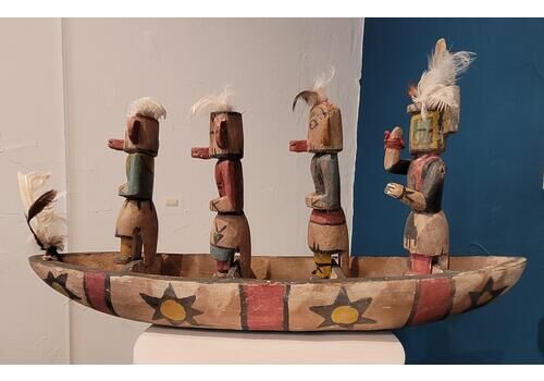 Hopi Craftsmen, Group Of Four Native North American Hopi Katsina (Kachina) Dolls In Canoe..