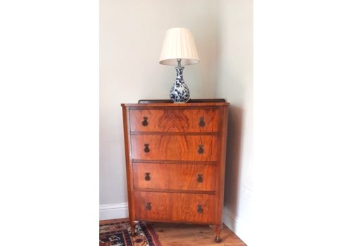 Vintage Art Deco Era Four Drawer Oak Chest Of Drawers Burr Walnut
