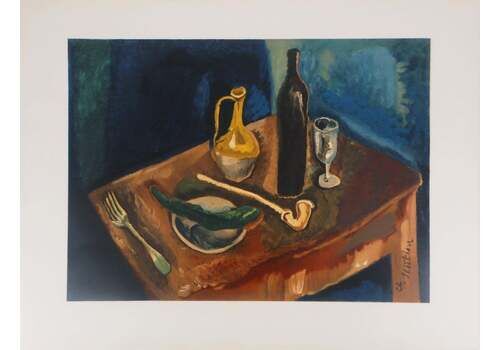 Table With A Pipe And A Bottle   Lithograph, Mourlot 1972