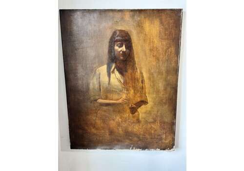 Large Vintage Oil Portrait Of A Woman – Atmospheric Realist Style