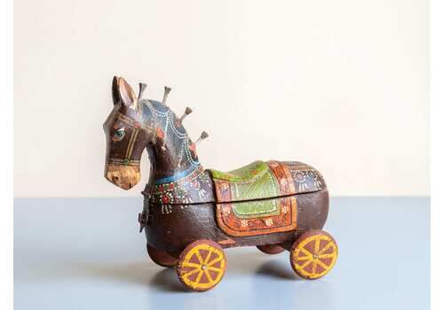 Antique Indian Horse On Wheels, Vintage Horse Statue, Wooden Spice Box, Made In India, Hand Painted Pony Figurine, Folk Art