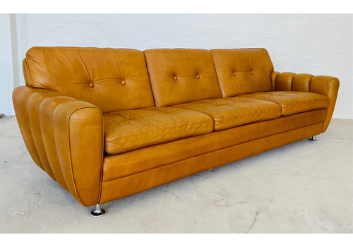 Retro Vintage Danish  3 Person Svend Skipper Sofa In Tan Leather
