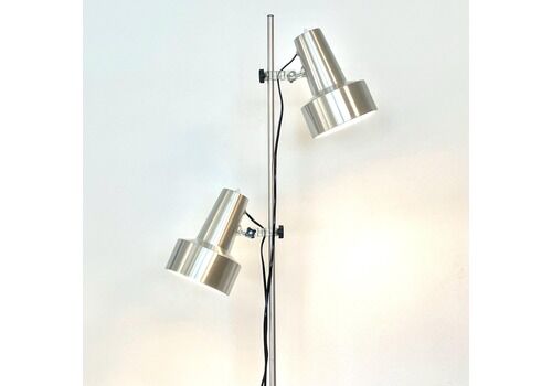 Danish Vintage Mid Century Minimalist Design Floor Lamp In Silver Aluminium With Adjustable Twin Shades And Cool Plastic Details