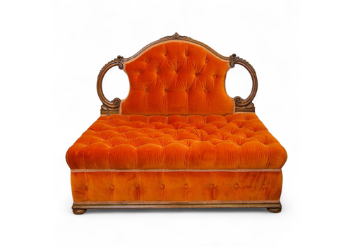 Antique Victorian Walnut Buttoned Orange Velvet Settee Sofa Chaise Seat