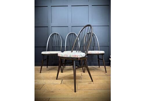 Set Of 4 Ercol Quaker Windsor Dining Chairs – Dark Wood & Original Cushions