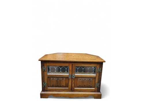 Vintage Old Charm Wood Bros / Light Oak Colour / Carved Oak Corner Tv Cabinet / Made In England C1970
