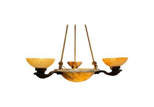 Antique Alabaster Art Deco Plafonnier Chandelier With 4 Shades