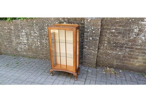 Vintage Bow Front Glass Display Cabinet Mid Century Walnut Curio Case With Cabriole Legs & Velvet Backing