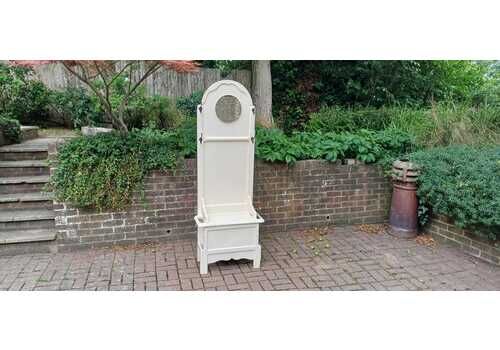 Vintage Painted Oak Hall Stand With Mirror, Storage Seat And Coat Hooks – Shabby Chic Cream Entryway Bench C.1930s Free Hand Delivery