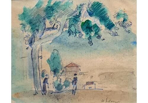 Henri Lebasque Post Impressionist Landscape Watercolour, Walking The Dog, The Promenade