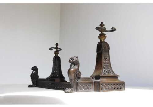 Antique 3 Piece Fireplace Fender Set Andirons With Lion/ Griffin Figures, Tool Holders Late 19th To Early 20th Century Hearth Decor