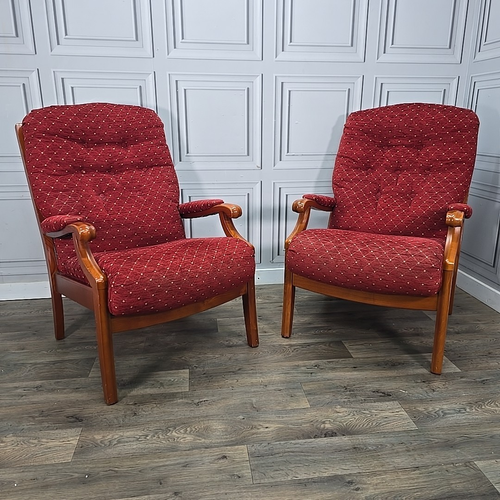 Pair Mid Century Wooden Armchairs Red Upholstery High Back