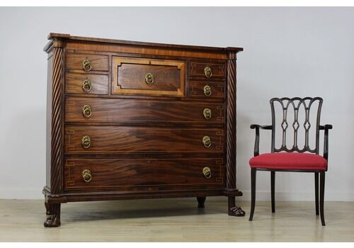 Imposing Large Regency Mahogany Secretaire Chest On Paw Feet