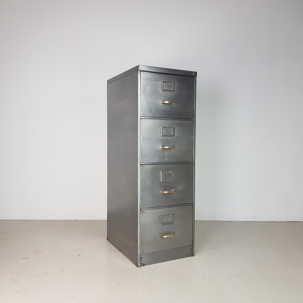 Vintage Polished Steel 4 Drawer Filing Cabinet With Brass Handles