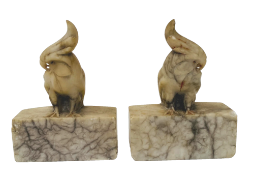 Alabaster Bookends Decorated With Parakeets 20th Century