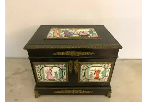 Cave A Liqueur Napoléon III Plaque Porcelaine Boulle Marqueterie XIX Siècle