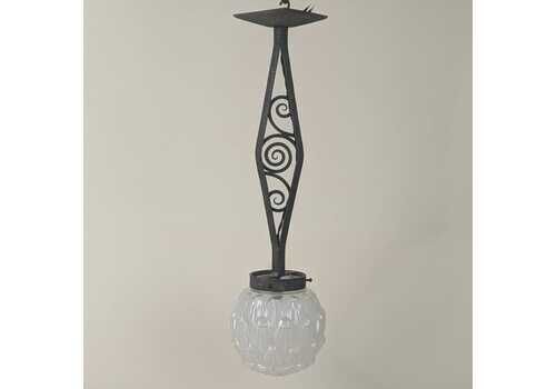 Antique French Art Deco Forged Iron Pink Glass Globe Pendant Light Fixture, 1930s Lighting From France, Original Home Lamp