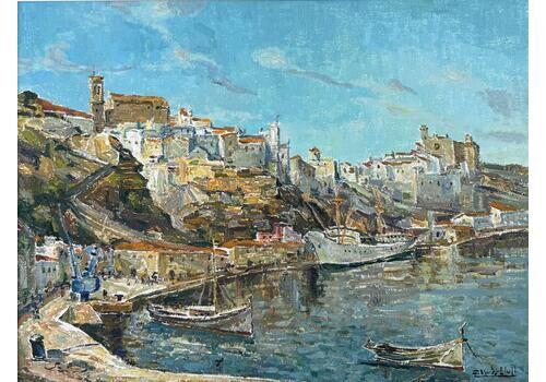 Port Of Mahón Menorca Spain Oil On Canvas Painting Mediterranean Seascape C.1960