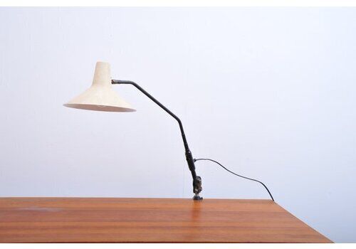 Clamp Lamp With Black Arm And Beige Craquelé Shade, 1950s