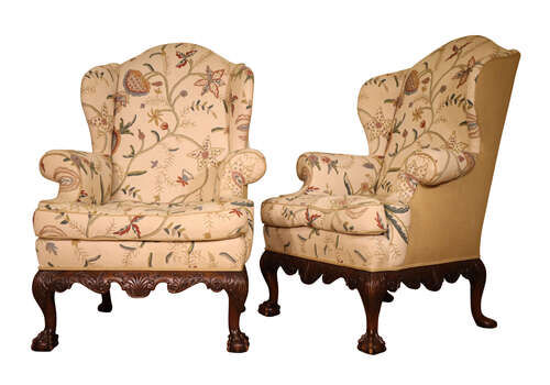 19thc Pair Of Large Walnut Framed Wingback Armchairs