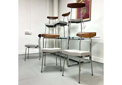Set Of 6 Stag S Range Dining Chairs – Chrome, Teak & Leatherette