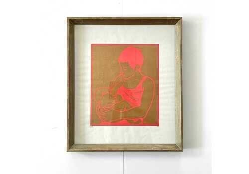 Mid Century Danish Vintage Framed Litograph Print From 1978 By Renowned Artist Dea Trier Mørch Of Woman Breastfeeding A Baby