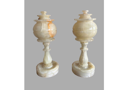 An Unusual Pair Of Antique Solid Onyx Table Lamps
