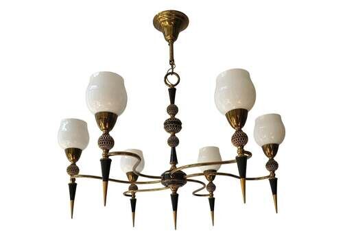 Mid Century Italian Brass And Opaline Glass Six Light Chandelier, 1950s